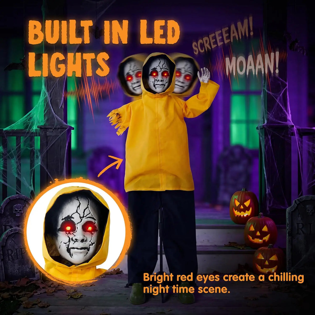 Close-up of a life-sized Halloween ghost animatronic in a yellow raincoat with red glowing eyes