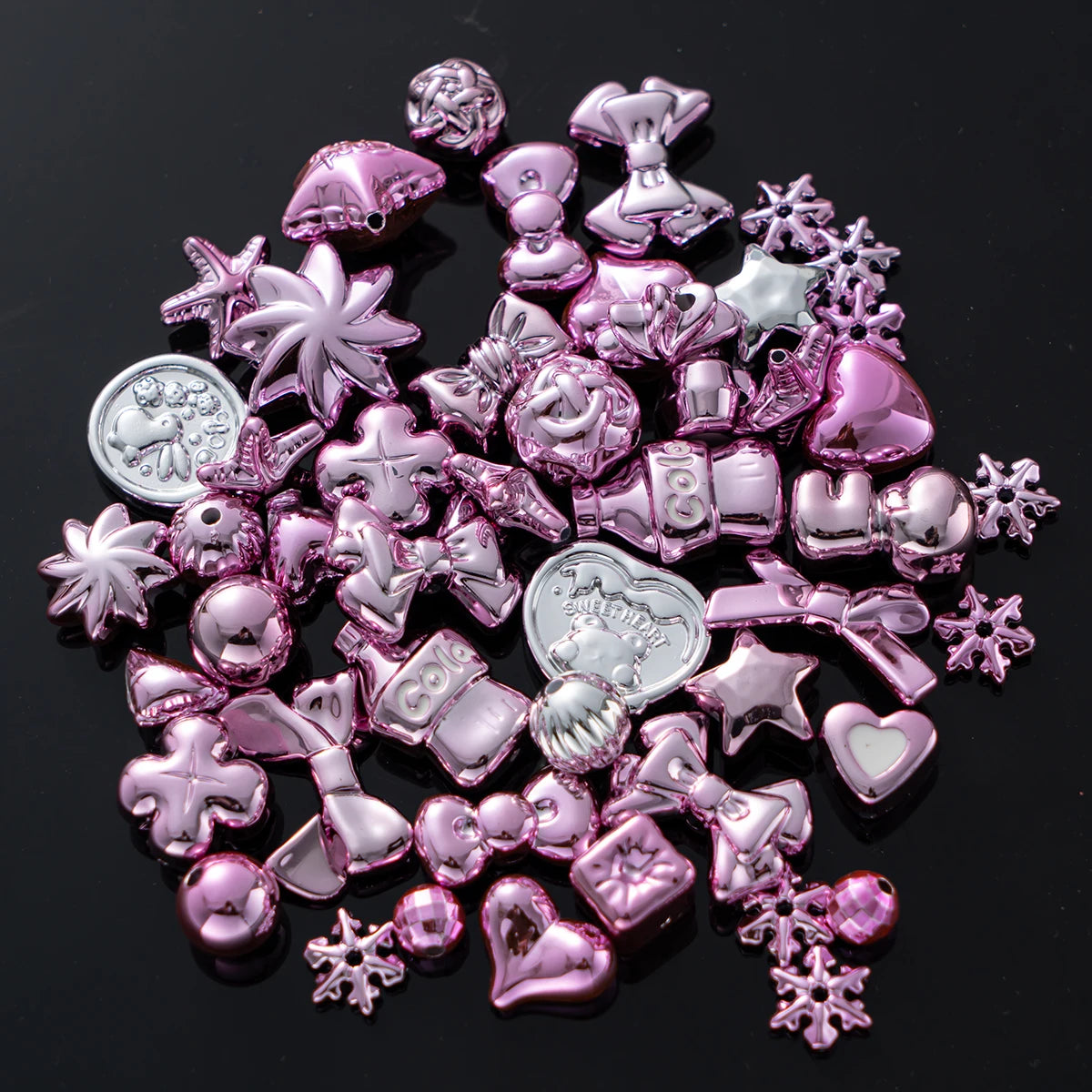 20g Y2K Acrylic Mixed Bowknot, Flower, and Heart Beads for DIY Jewelry – Pink Purple Silver