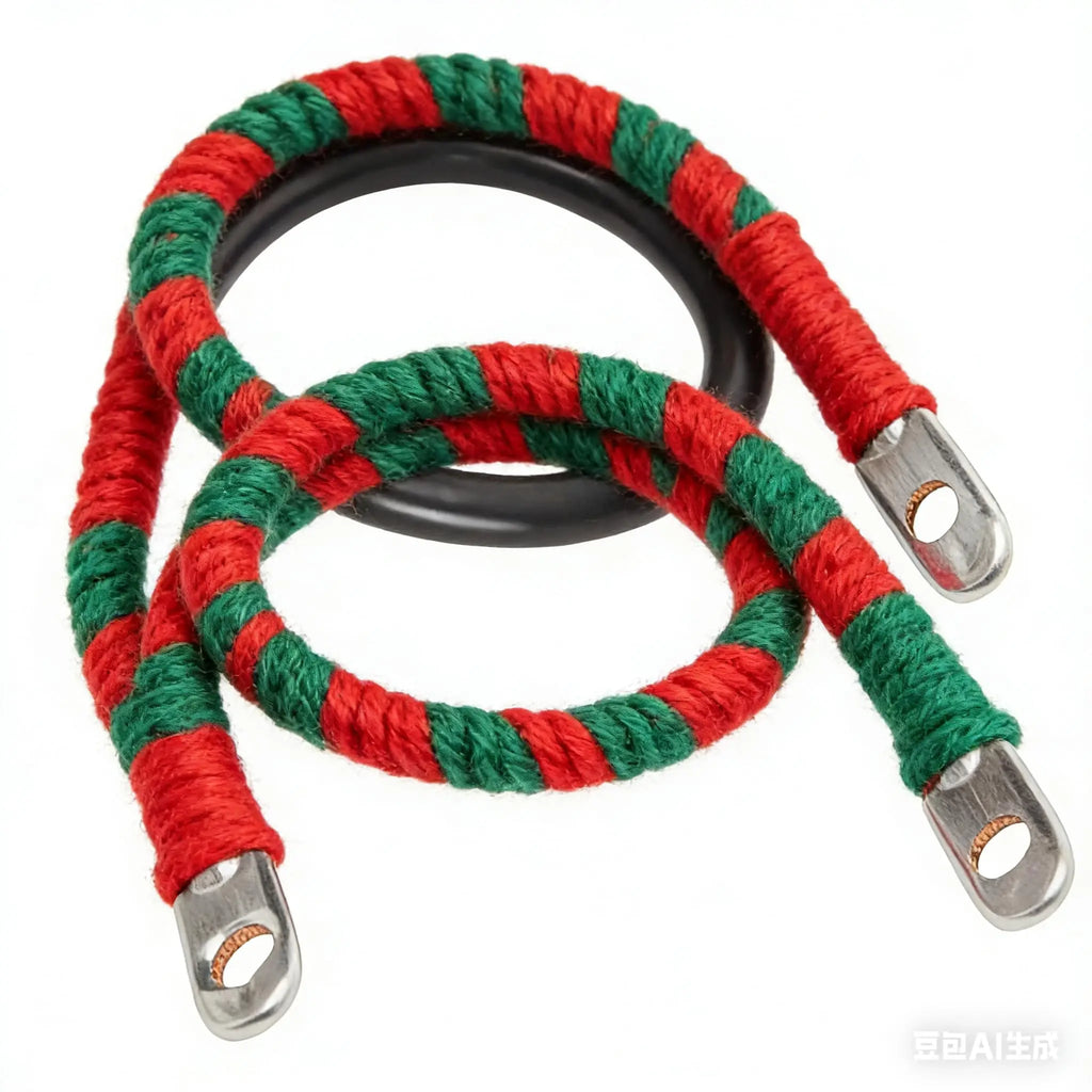 Pair of battery cables wrapped in red and green festive yarn, isolated on white background.