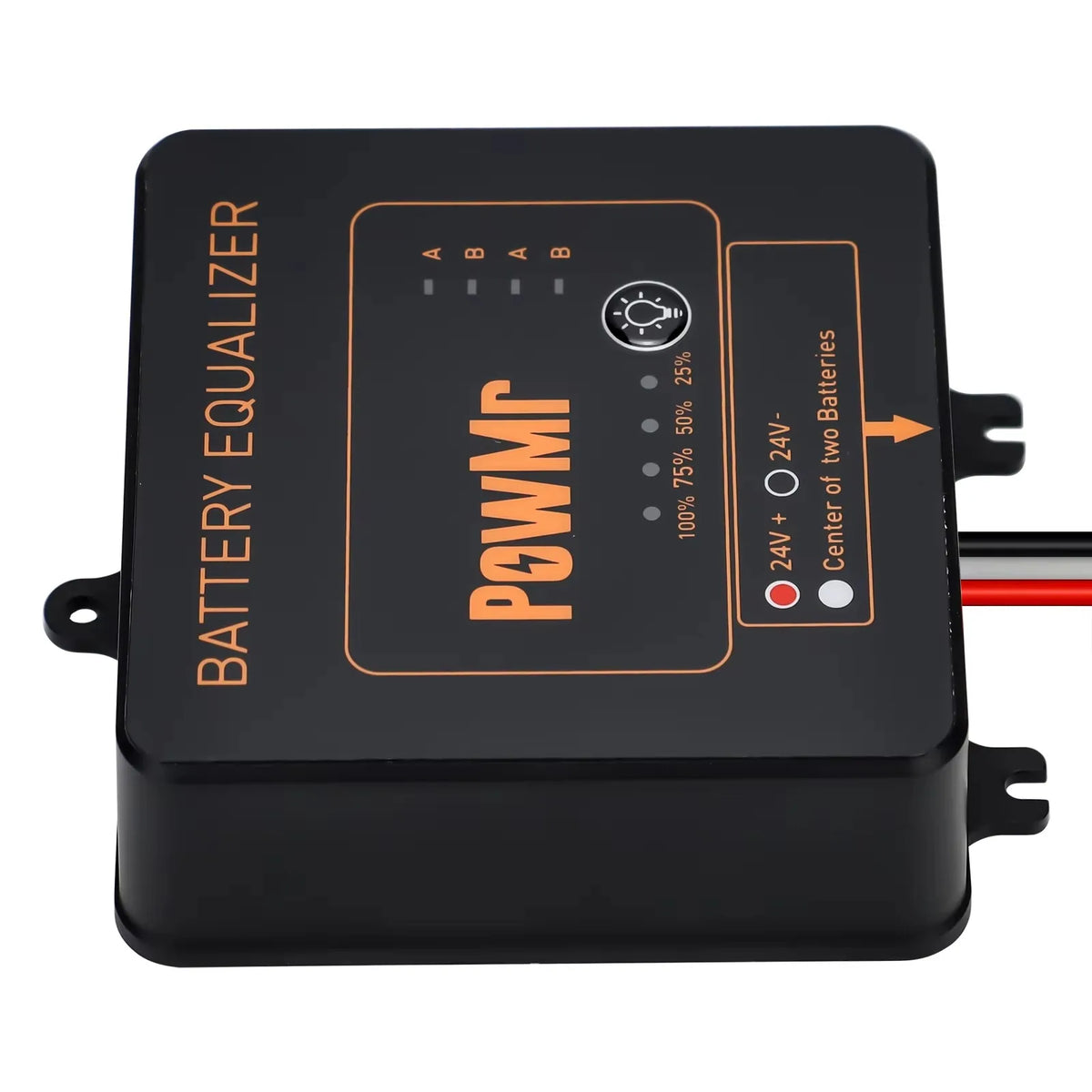 Top-down view of a black battery voltage equalizer control module.