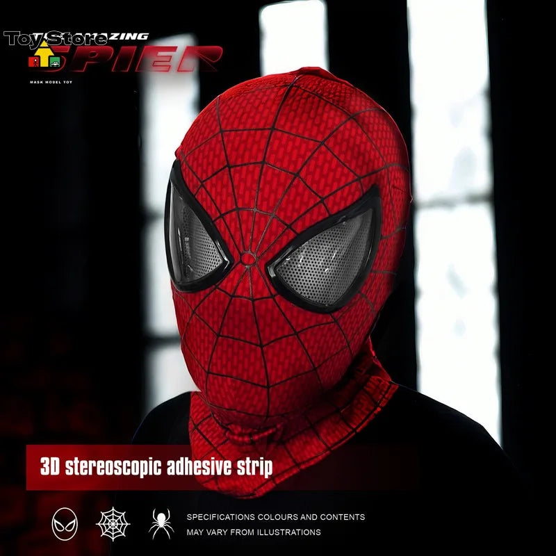 A close-up of a red textured superhero mask with detailed web pattern and dark eye lenses.