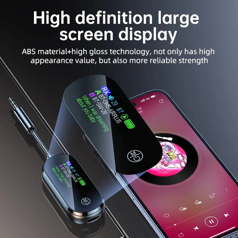 Bluetooth 5.4 wireless audio transmitter and receiver adapter displayed next to a smartphone