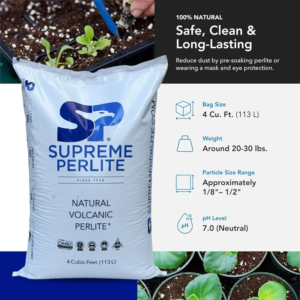 A bag of horticultural perlite next to descriptive text, usage facts, and a small photo of seedlings.