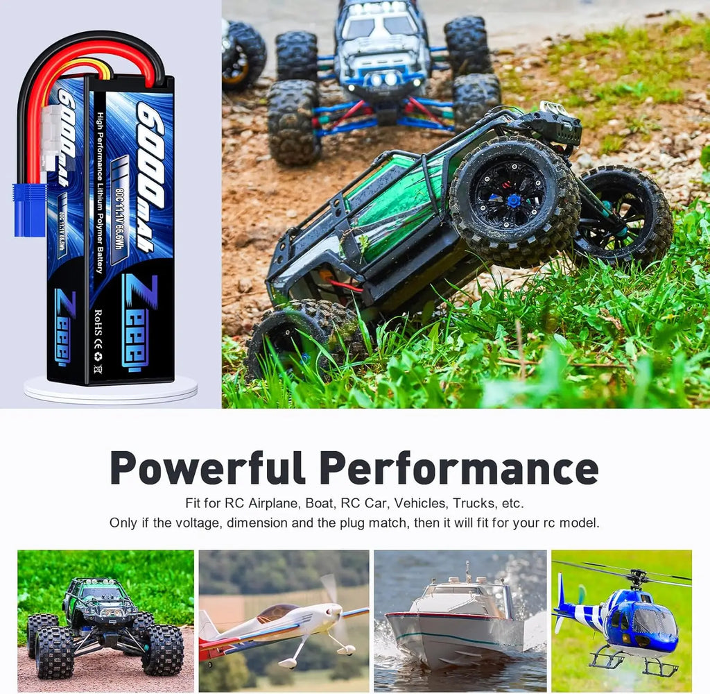 A lithium polymer battery pack shown with various remote controlled vehicles including a truck, plane, boat and helicopter