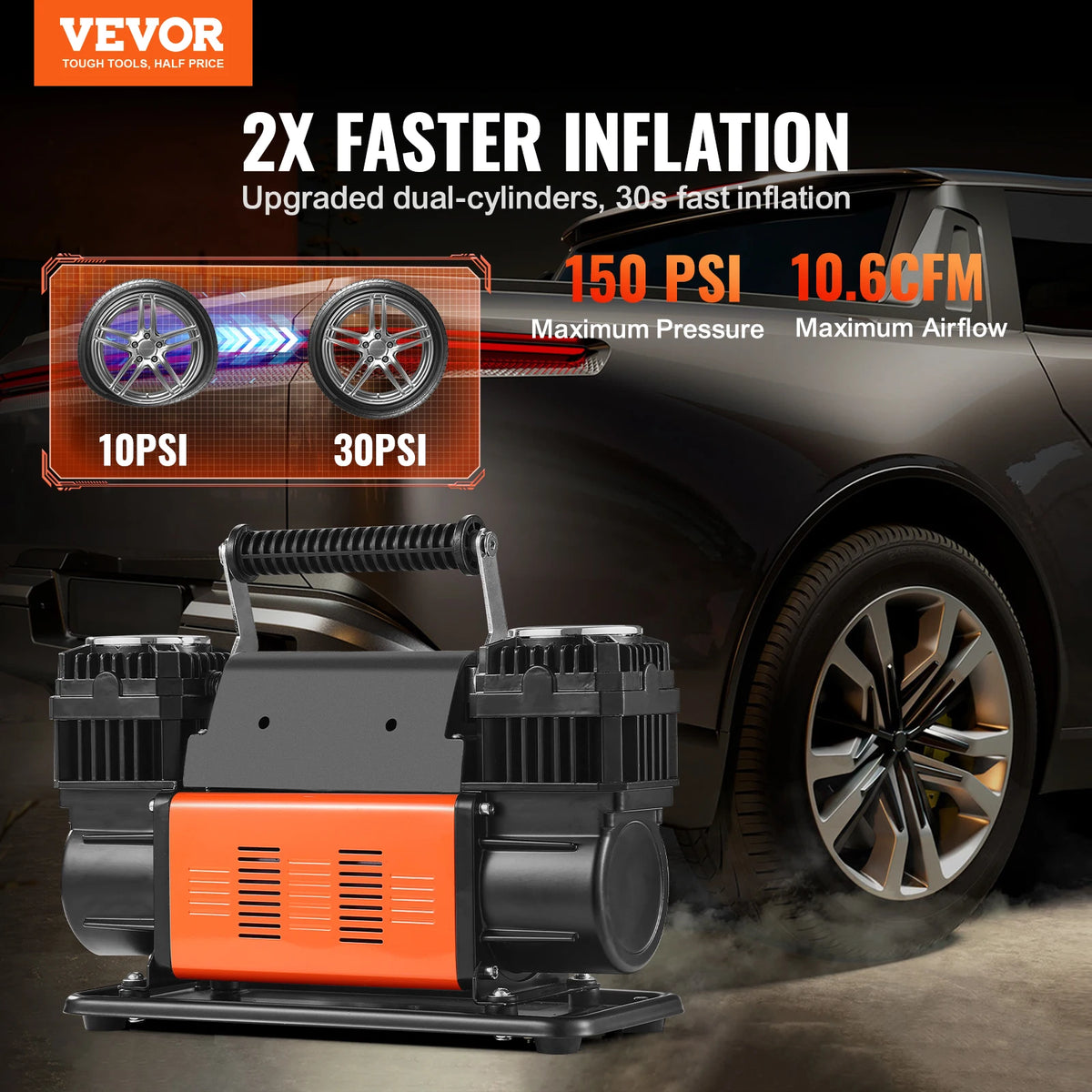SucceBuy Tire Inflator Compressor 6-10 CFM Heavy Duty Air Compressor Dual-Cylinder 150PSI Air Pump with Adapters for Trucks – view 2