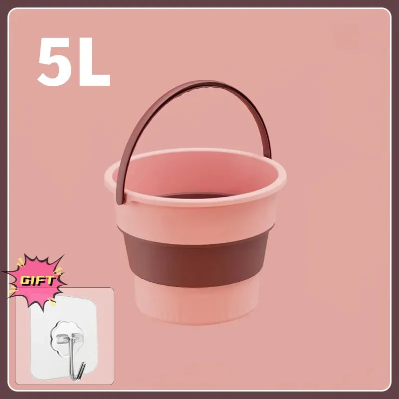 Portable Folding Silicone Bucket 5L, 10L, or 17L for Camping and Fishing – Pink-5L