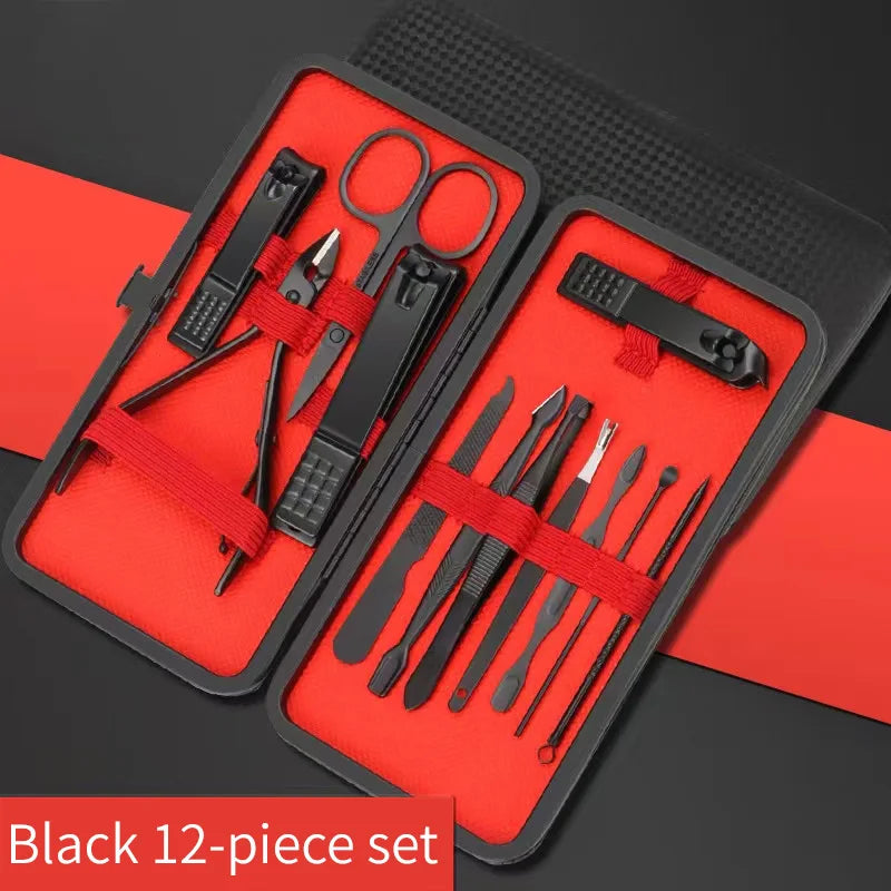 Nail Clipper Set with Carbon and Stainless Steel Manicure Tools – Black 12-piece set