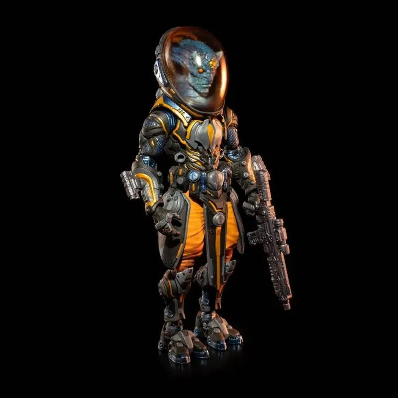 Cosmic Legions space alien action figure with orange pants and dome helmet, three quarter view