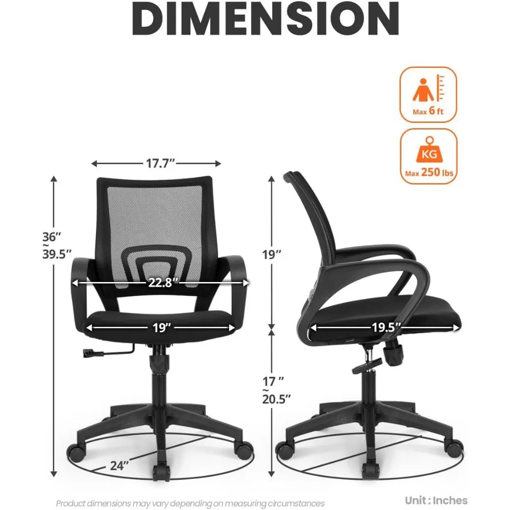 Diagram showing height and width dimensions of a black office chair