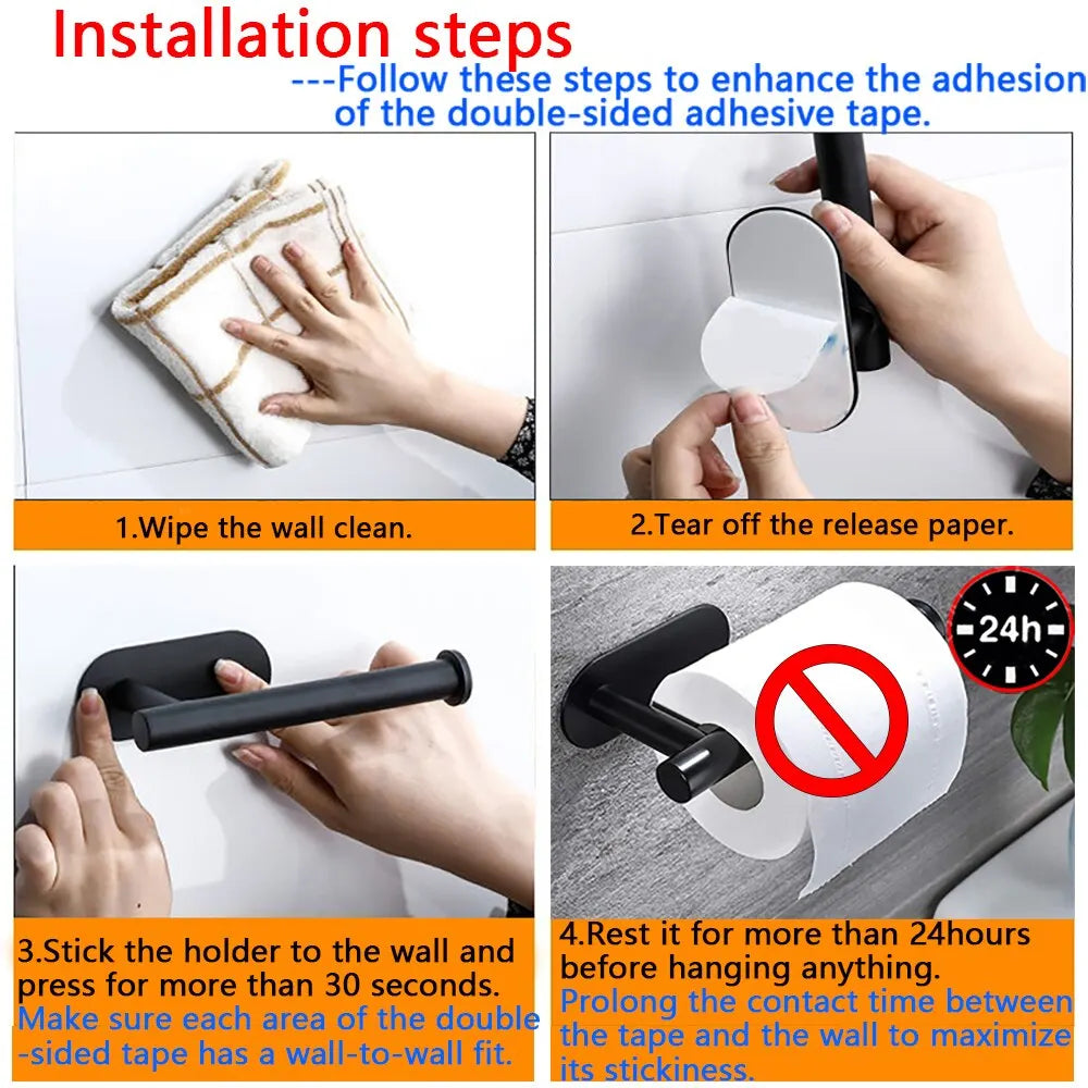 Step-by-step instructions for installing an adhesive wall-mounted toilet paper holder