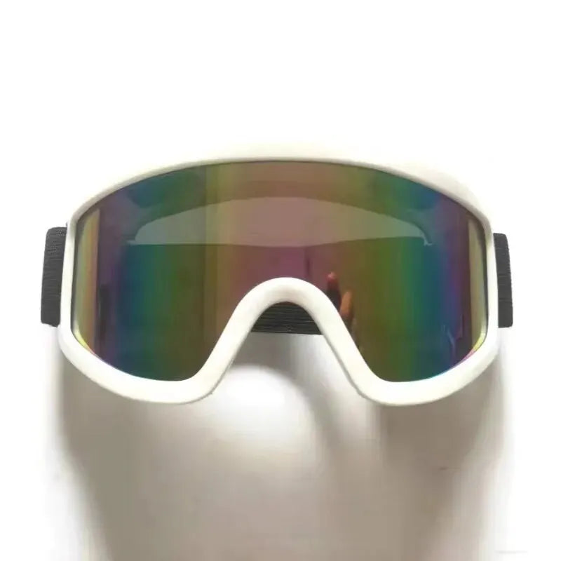 White protective sports goggles with iridescent mirror lens and strap