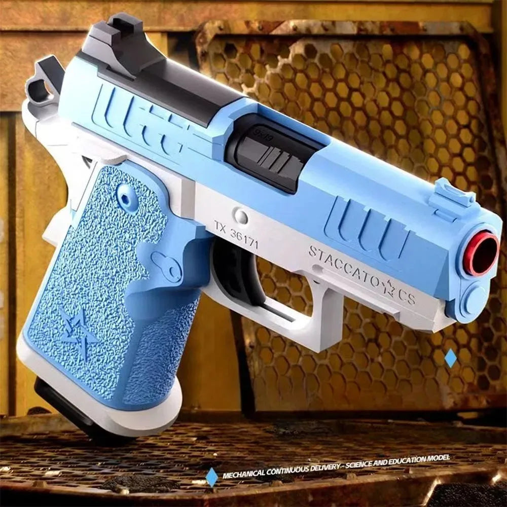 Blue and silver toy pistol resting on a metal grating background