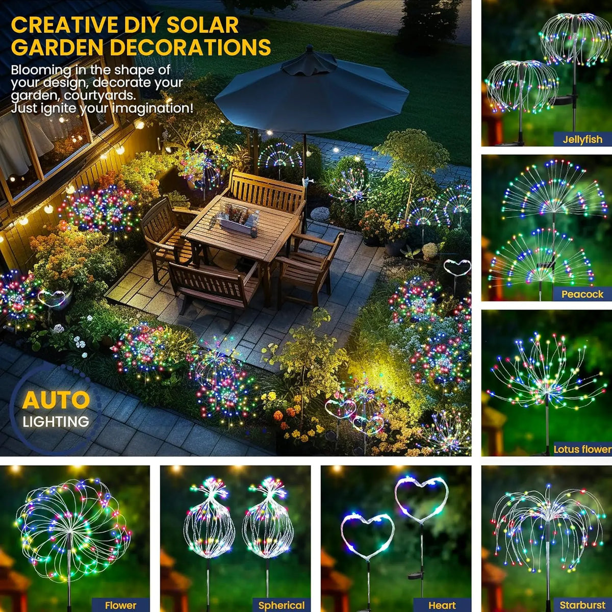 Collection of various solar firework garden light shapes including jellyfish, peacock, lotus flower, heart, and spherical