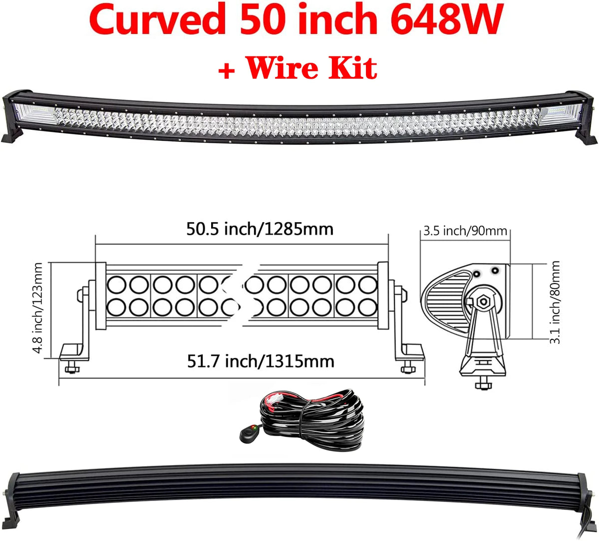 Auxtings Triple Row LED Light Bar, 22–52 Inch Curved or Straight – Curved 50in wire