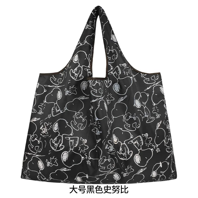 A black foldable shopping bag with a cartoon dog print.