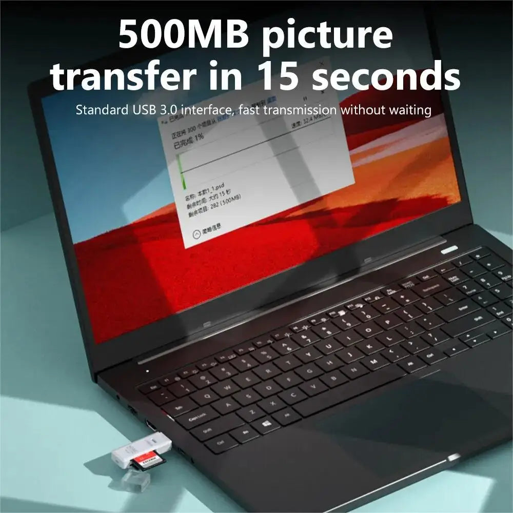 Laptop computer showing fast data transfer speed with a USB memory card adapter