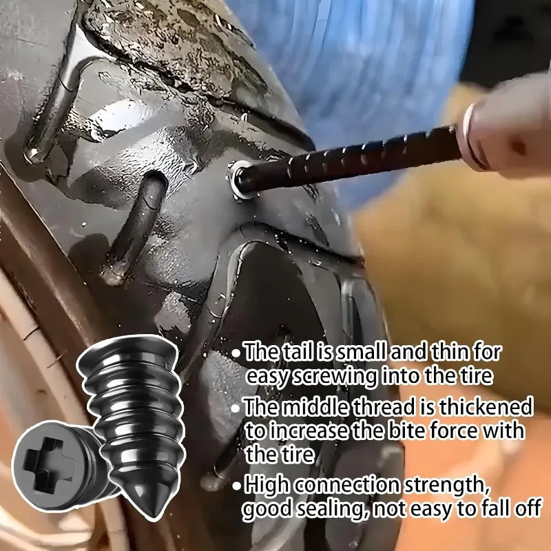 Process of inserting a rubber repair screw into a vehicle tire using a screwdriver