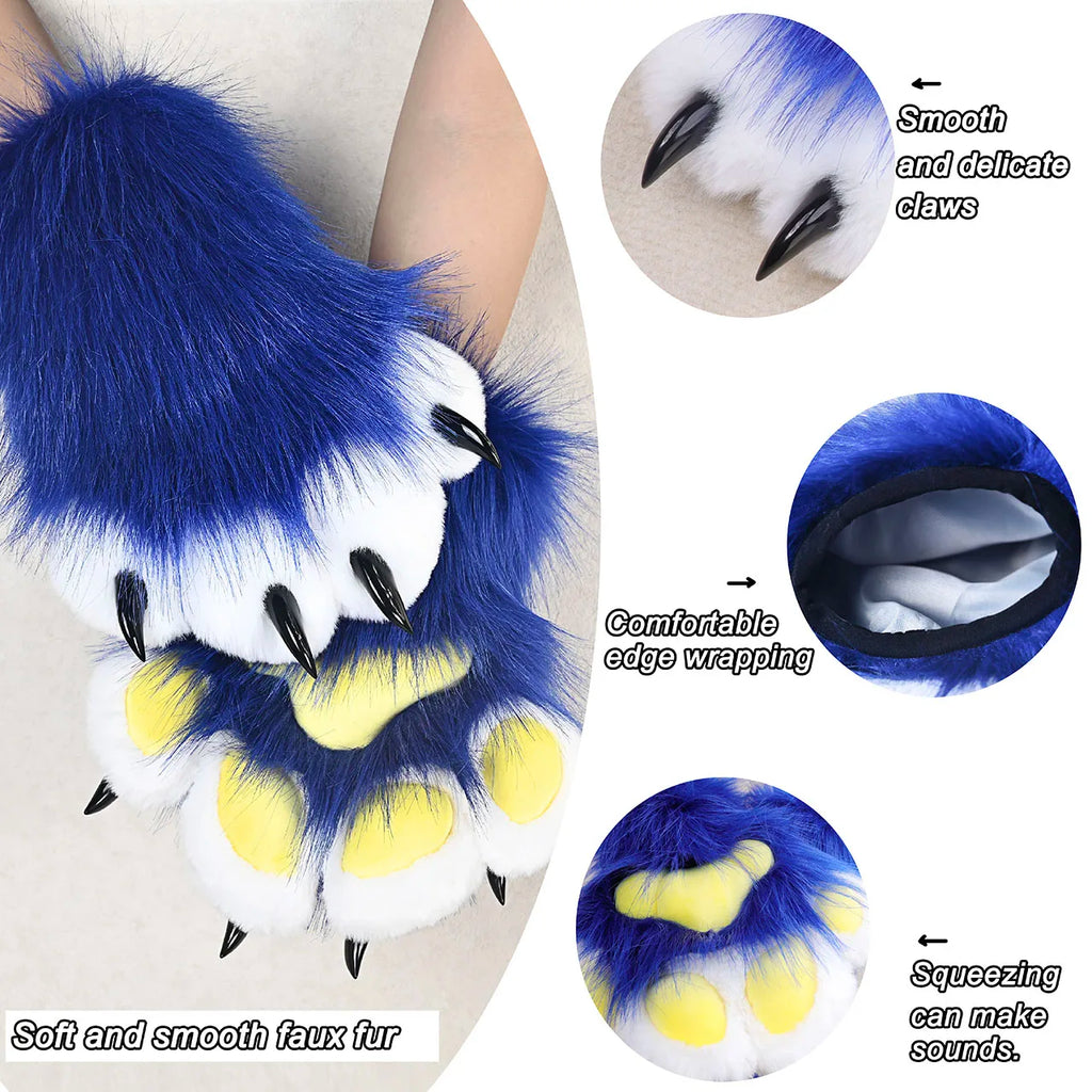 Blue and white faux fur animal paw gloves with yellow paw pads and black claws, highlighting features with text.