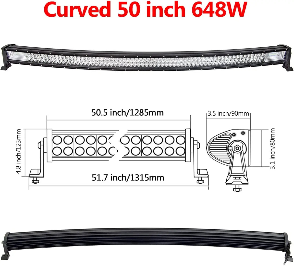 Auxtings Triple Row LED Light Bar, 22–52 Inch Curved or Straight – Curved 50in no wire