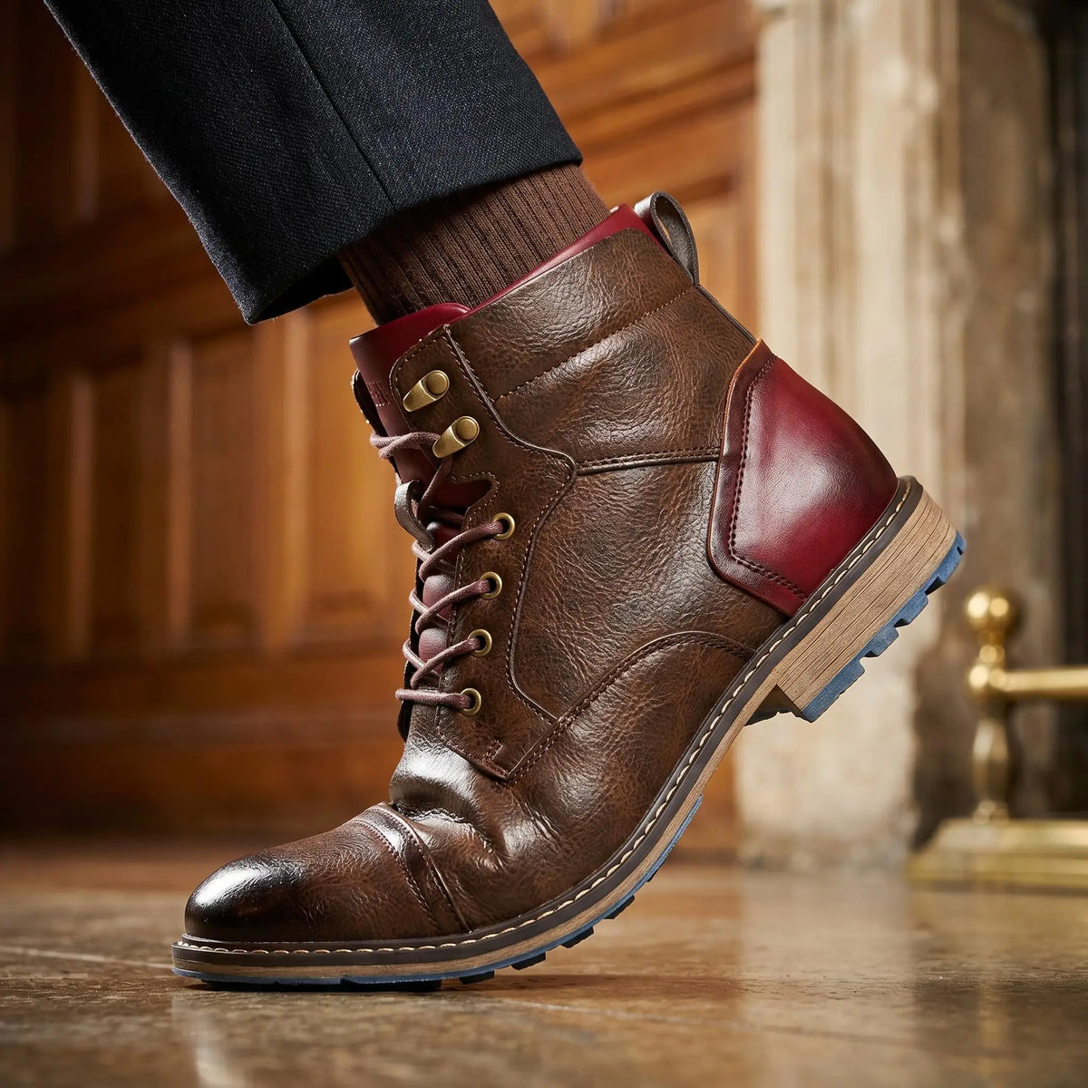 Men's brown and burgundy leather lace-up ankle boots