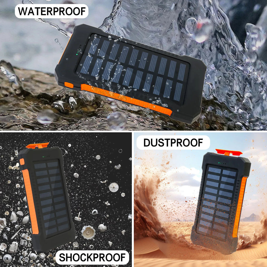 Rugged solar power bank demonstrating waterproof, shockproof, and dustproof features