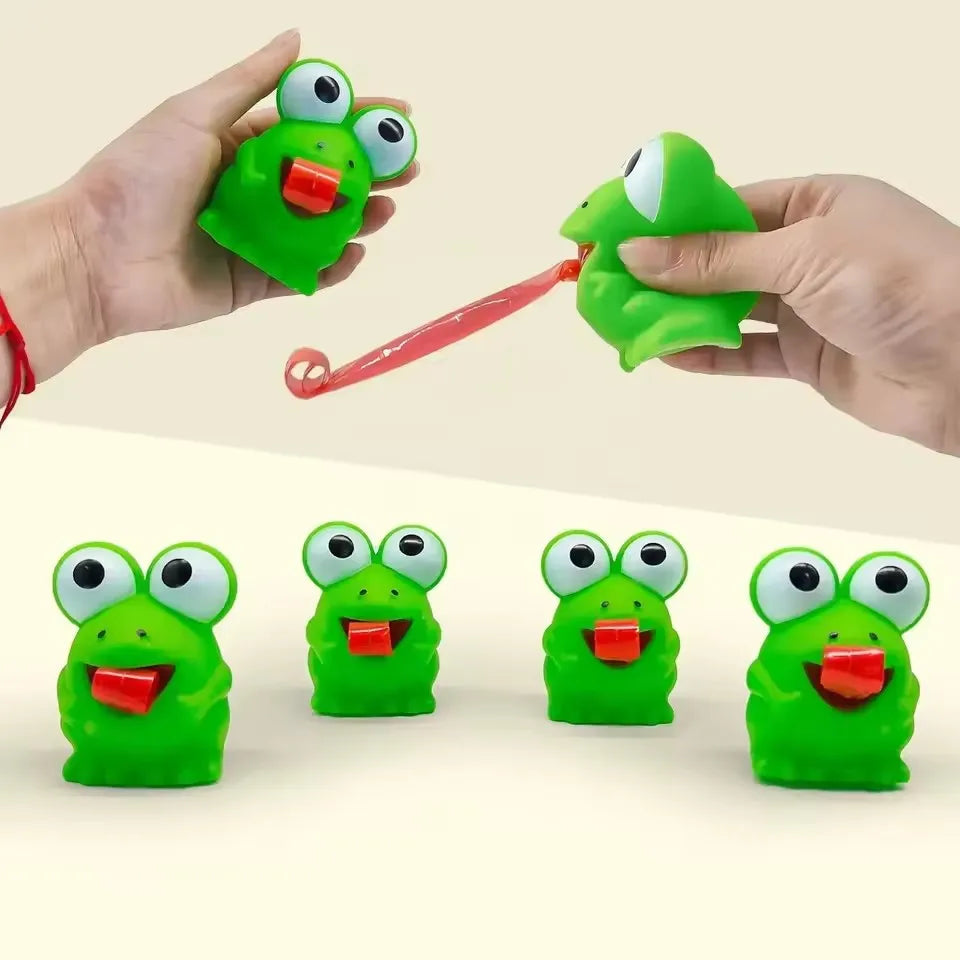 Multiple green frog and dinosaur sensory squeeze toys showing tongue action