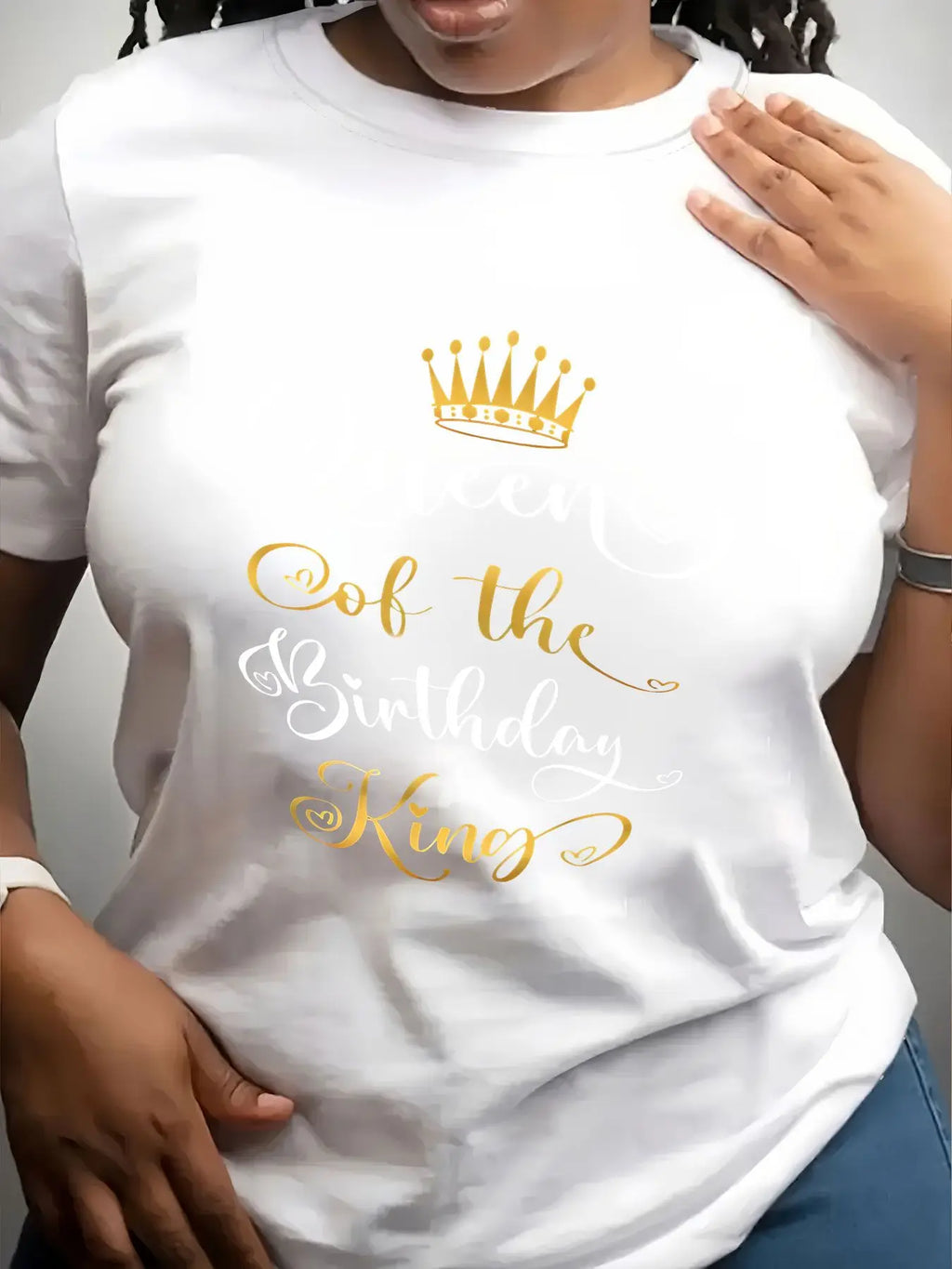 White crew neck t-shirt for women with gold and white Queen of the Birthday King crown graphic.