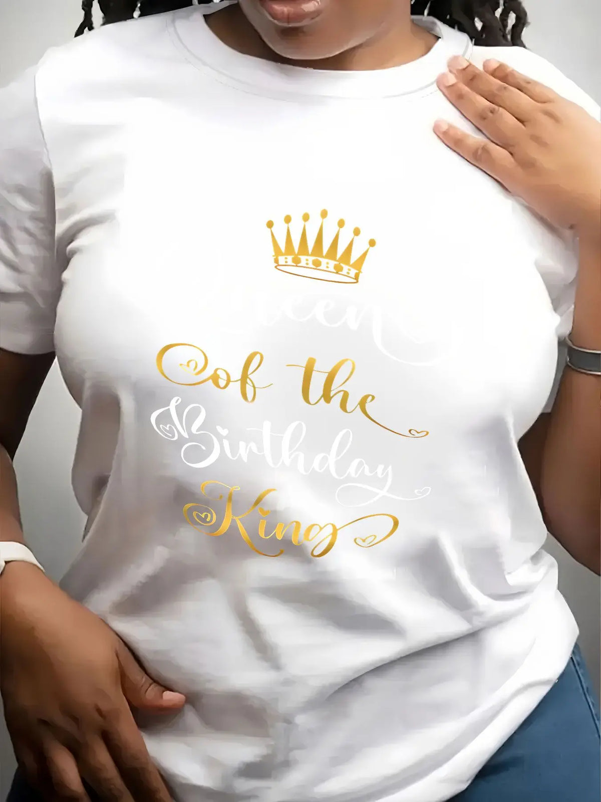 White crew neck t-shirt for women with gold and white Queen of the Birthday King crown graphic.