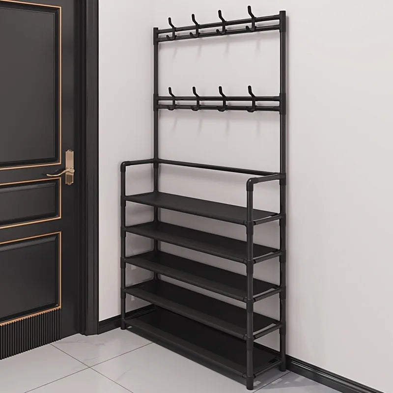 Black minimalist metal hallway coat rack and shoe organizer unit