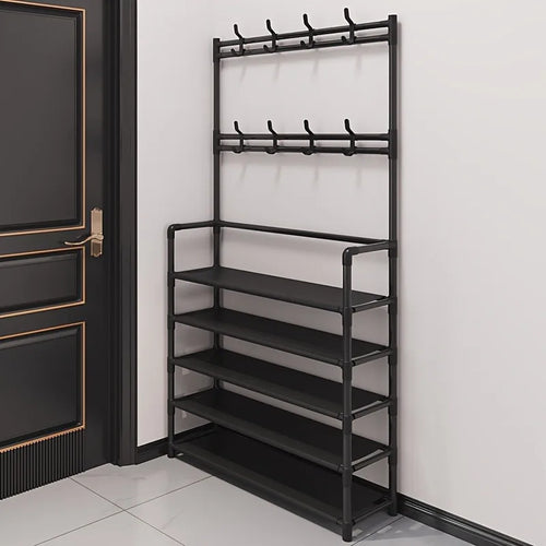 Black minimalist metal hallway coat rack and shoe organizer unit