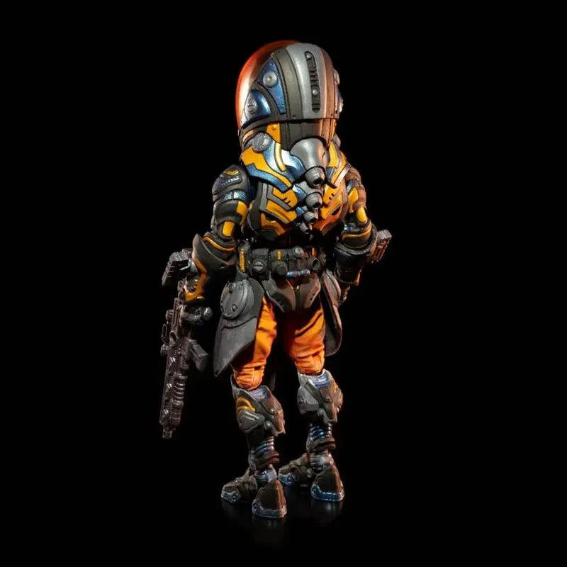 Cosmic Legions space alien action figure with orange pants and helmeted head, rear three quarter view