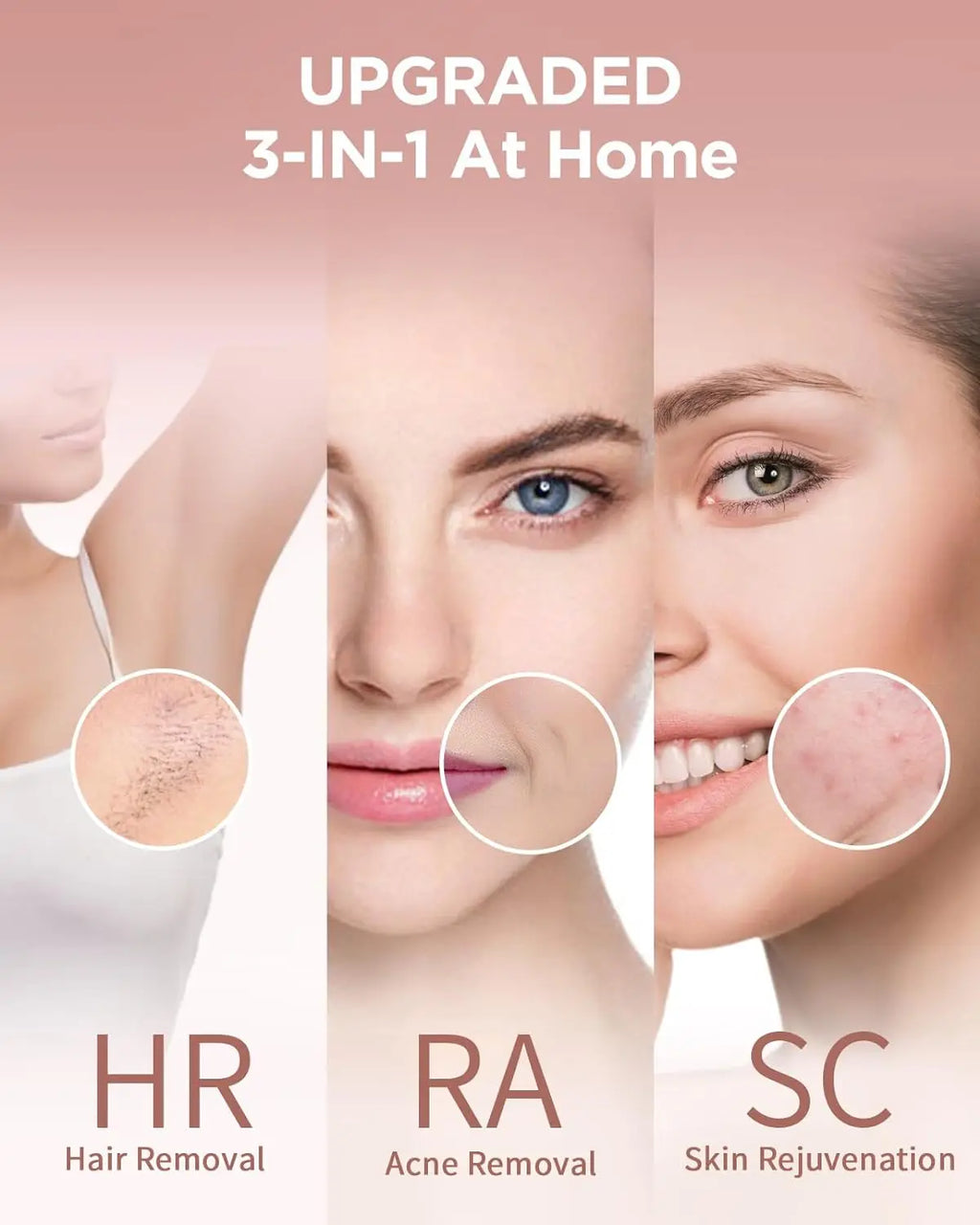 Woman's face and armpit area showing hair removal, acne removal, and skin rejuvenation functions.