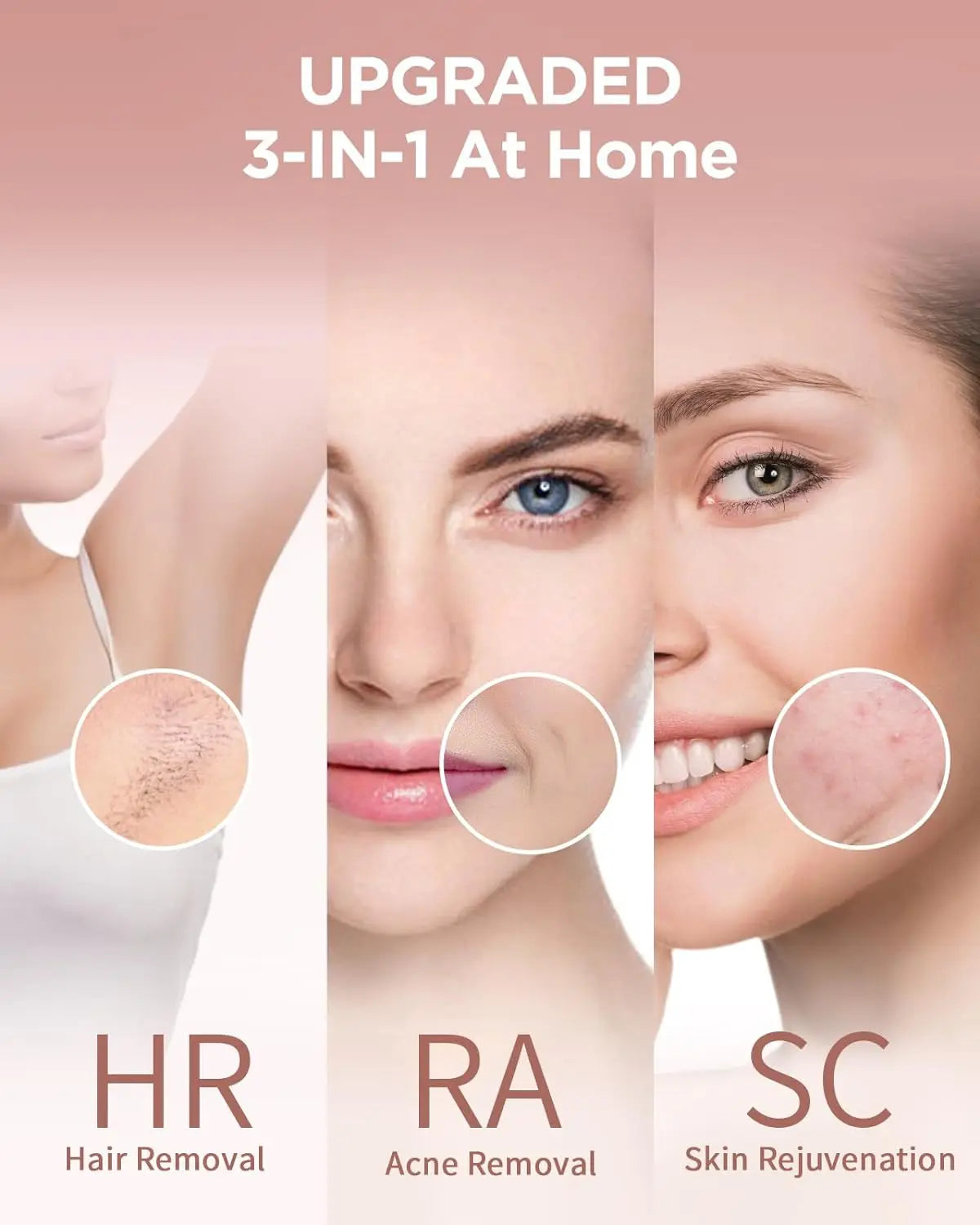 Woman's face and armpit area showing hair removal, acne removal, and skin rejuvenation functions.