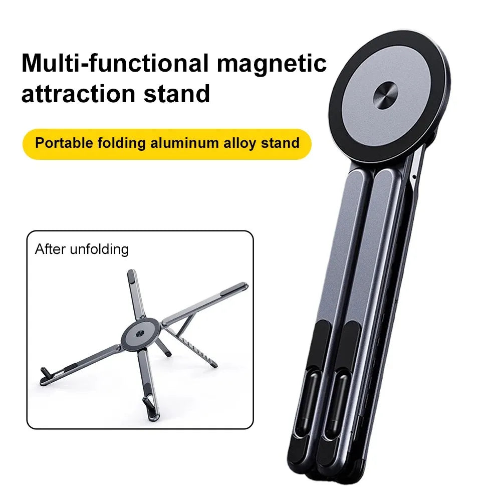 Grey foldable aluminum alloy magnetic stand in folded and unfolded positions