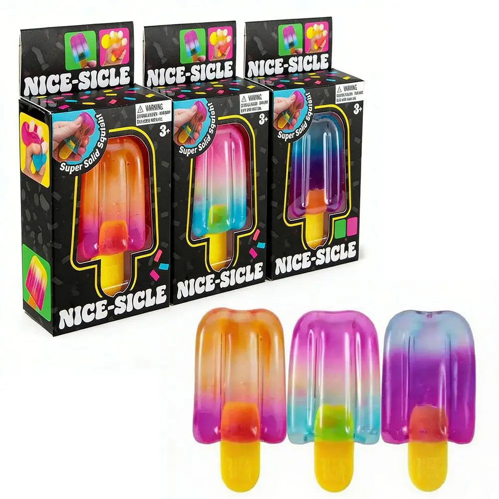 Three transparent gradient popsicle squishy toys with their retail packaging boxes