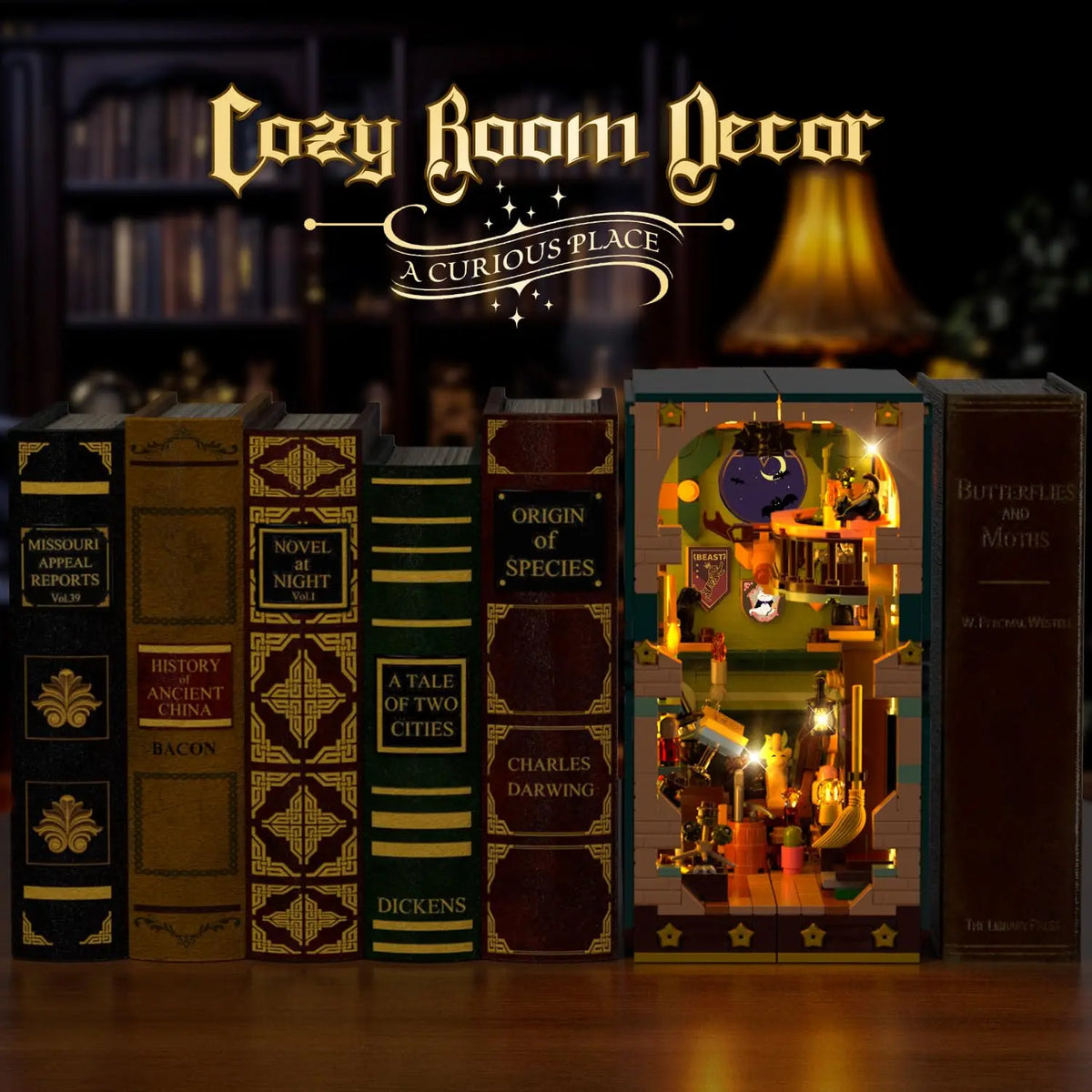 A magic potion miniature room set displayed on a bookshelf nestled between hardcover books.