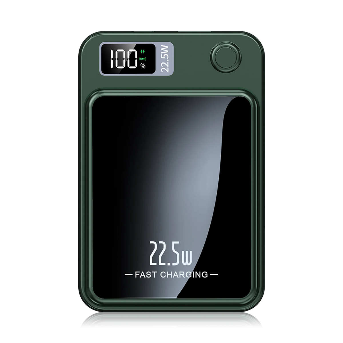 Dark green magnetic wireless portable power bank with a digital display showing 100 percent battery
