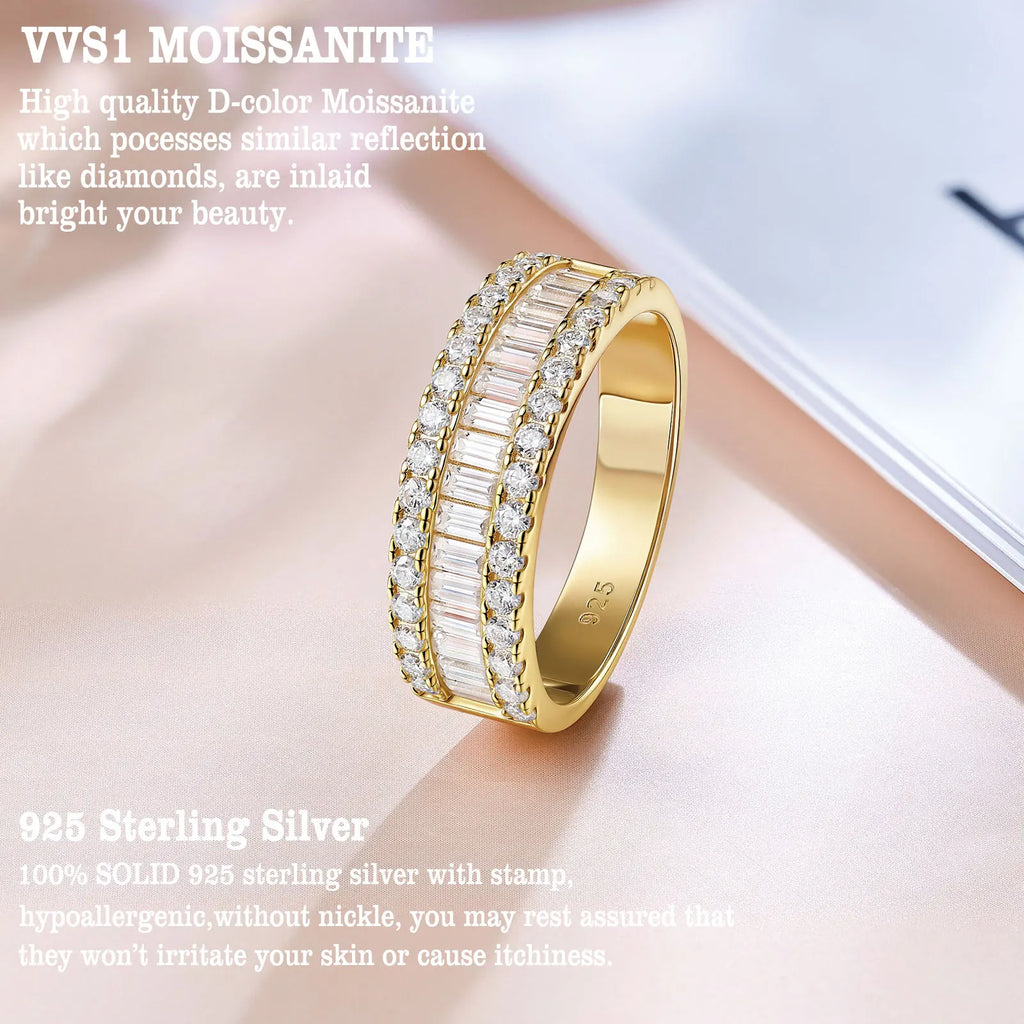 Gold wedding band with baguette and round cut moissanite stones