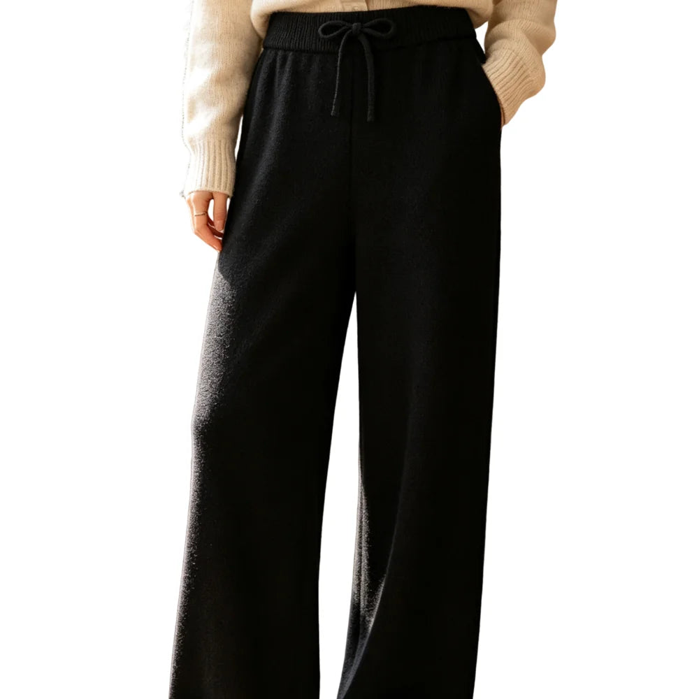 Women's Black Knit Wide Leg Pants, High-Waisted Casual Trousers – Black