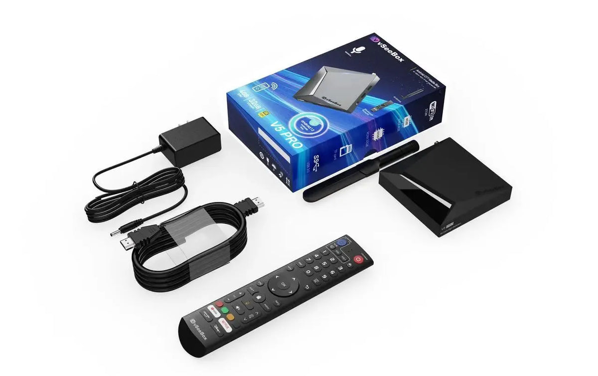 A set of home media streaming equipment including a box, streaming device, remote, power adapter, antenna and HDMI cable.