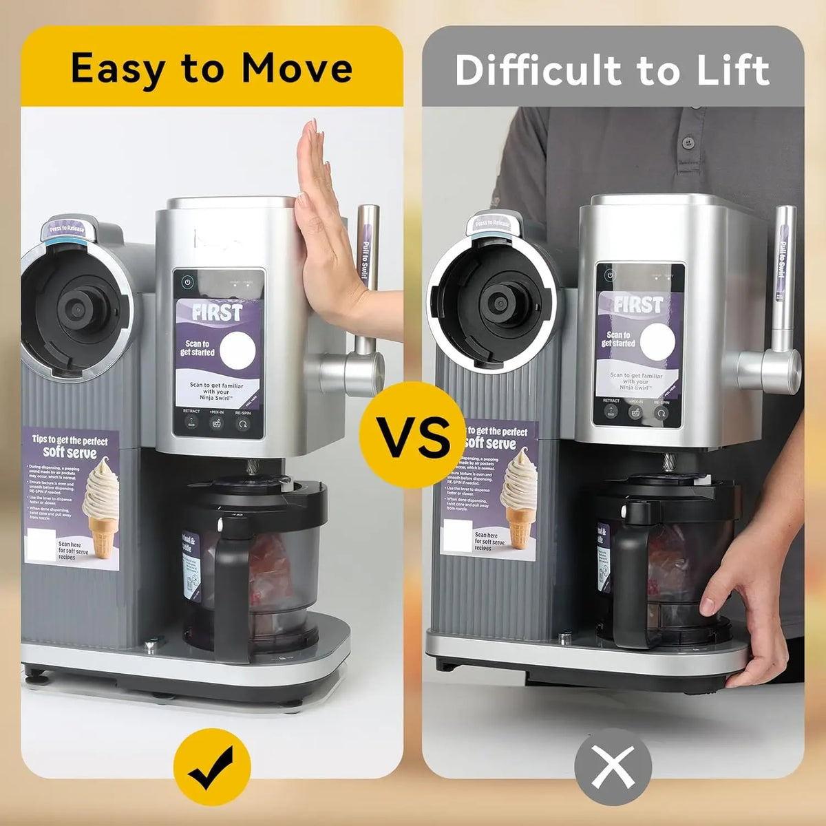Comparison showing the ease of sliding a kitchen appliance on an acrylic mat versus lifting it