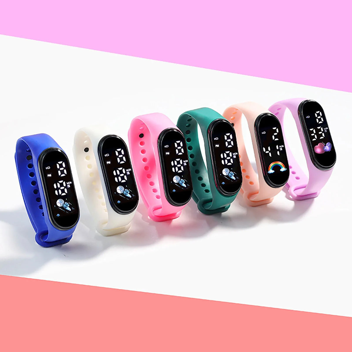 A collection of colorful digital sports watches for children, featuring silicone bands and various digital face designs.