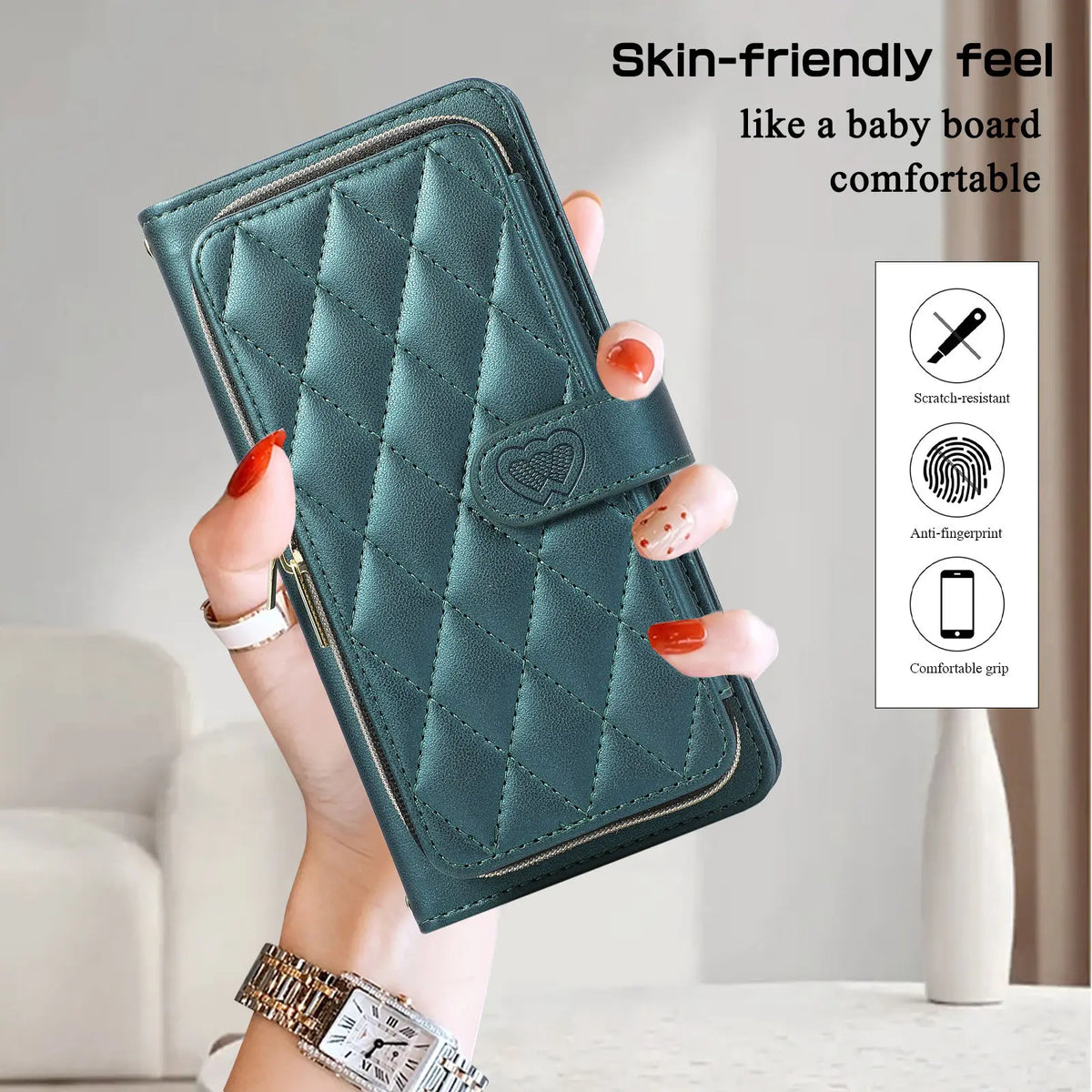 Person holding green quilted wallet phone case with hand.