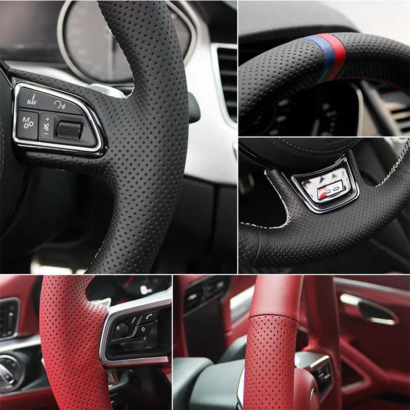 Close-up views of black perforated leather steering wheel covers with different colored markers