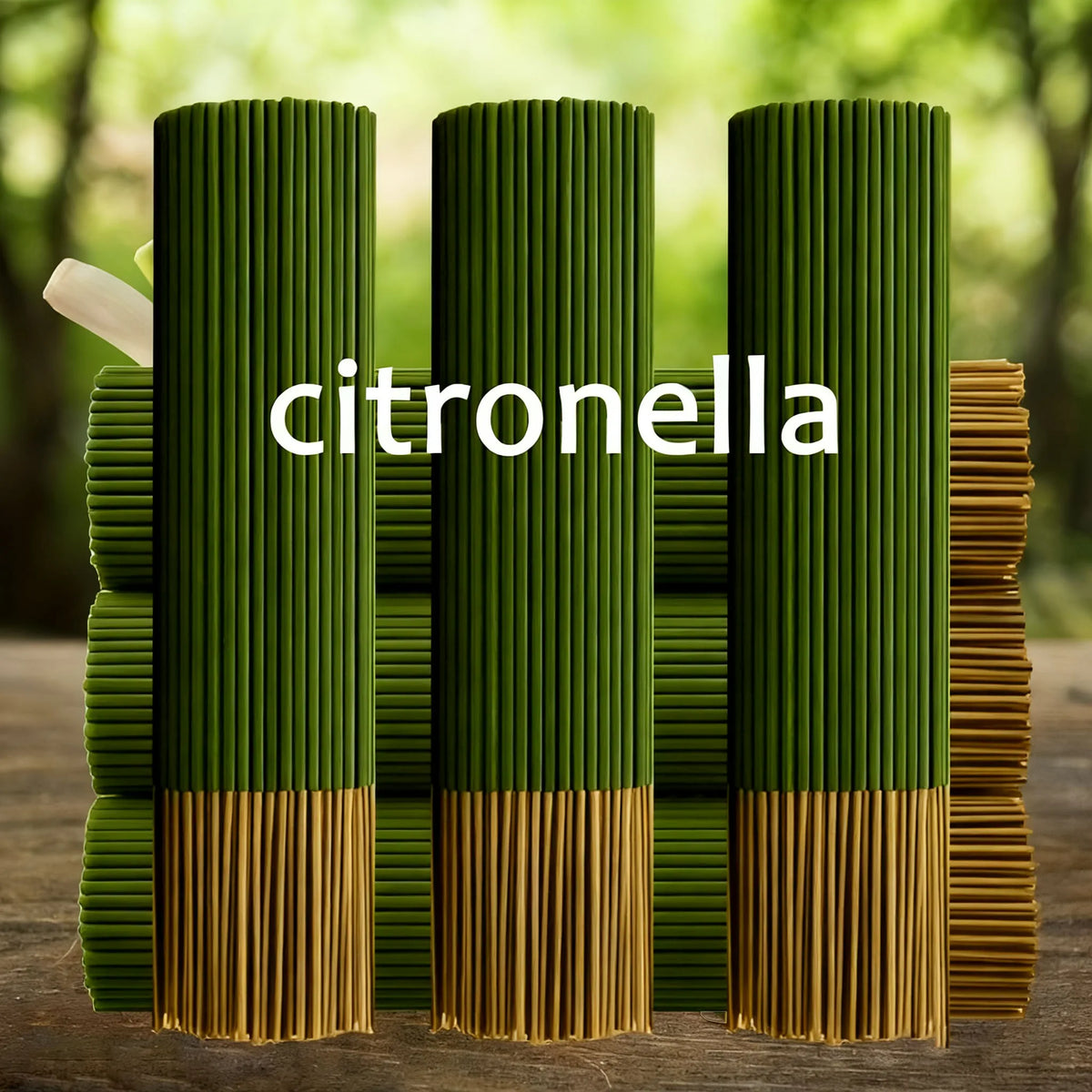 Three bundles of green citronella incense sticks arranged vertically