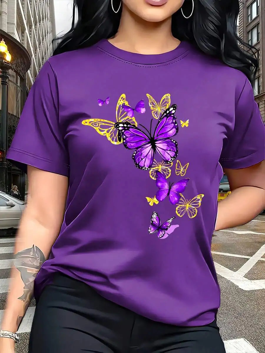 Purple Butterfly Print T-Shirt with Golden Design, 100% Cotton – Purple
