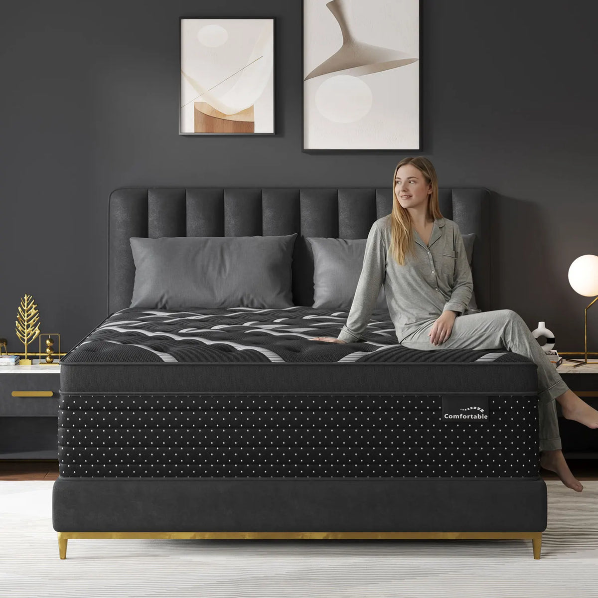 Woman sitting on a hybrid gel memory foam and pocket spring mattress