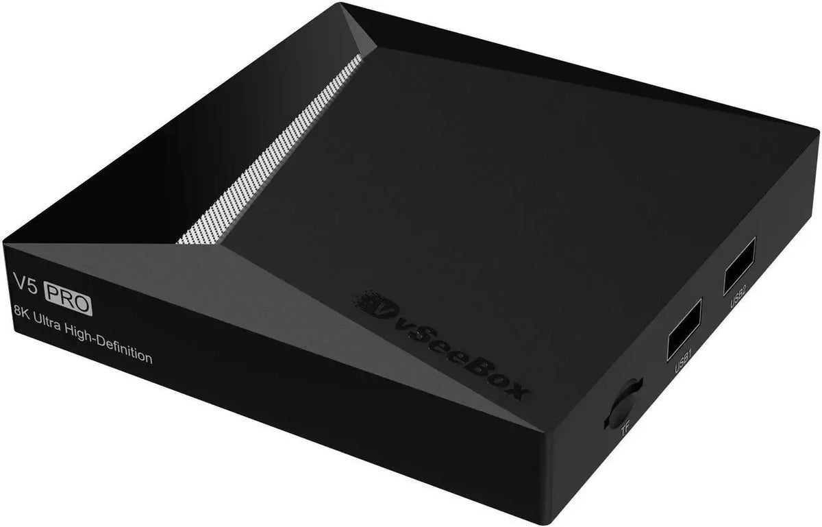 A sleek black V5 Pro media streaming device showing side USB and storage ports.
