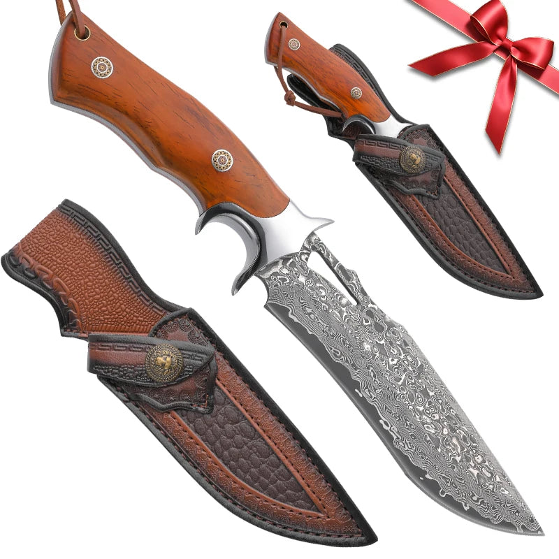 Damascus Utility Knife with 14.5 cm Blade and Wooden Handle – Black