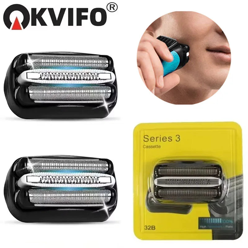 Replacement shaver head for electric razors, shown in and out of packaging with a man shaving.